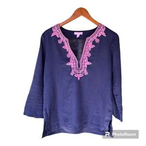 Lilly Pulitzer pink embroidery on V-neck navy 100% linen 3/4 sleeve tunic sz S